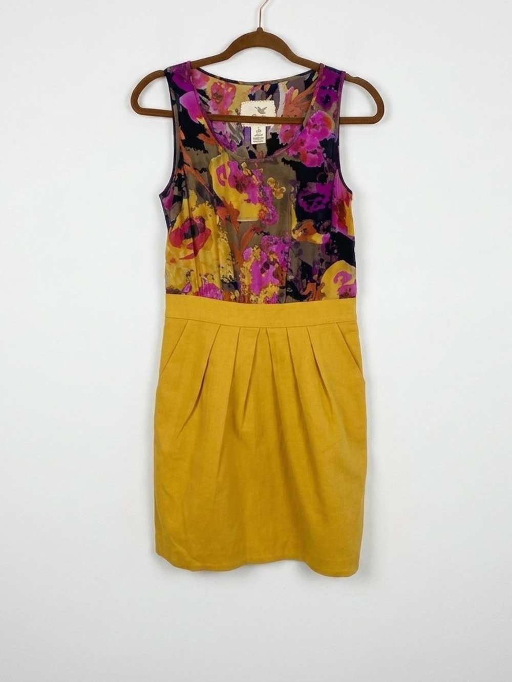 Anthropologie Tabitha Silk Floral & Mustard Yellow Pocket Dress Size 4